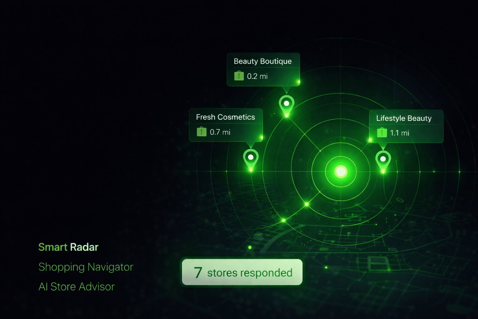 MAZ-RADAR - Smart Shopping Navigator with AI Store Advisor showing nearby stores